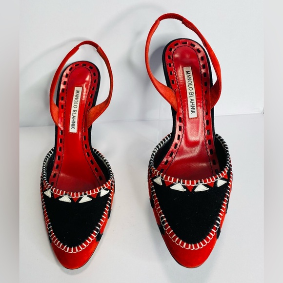 Manolo Blahnik Red and Black Patterned Suede snd Leather Heels Authentic - Picture 11 of 13